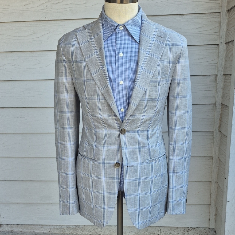 INDOCHINO Custom Made Grey Plaid Solid Linen Wool Sz 36 L Mens Sport Coat Blazer